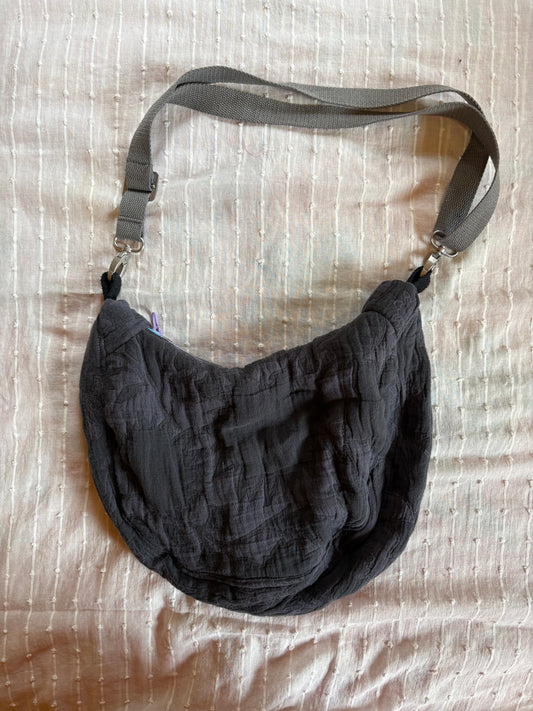 Grey Floral Crescent Bag - Small