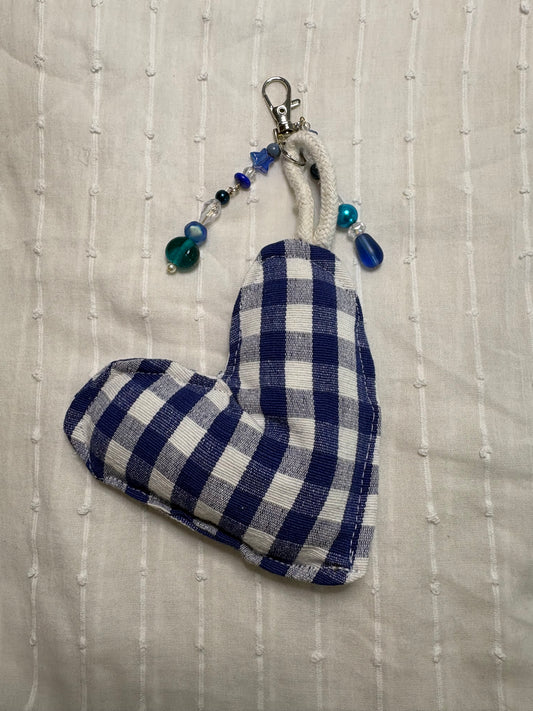 Blue Gingham Plush Heart Bag Charm