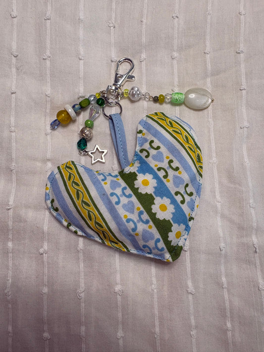 Blue Patterned Plush Heart Bag Charm