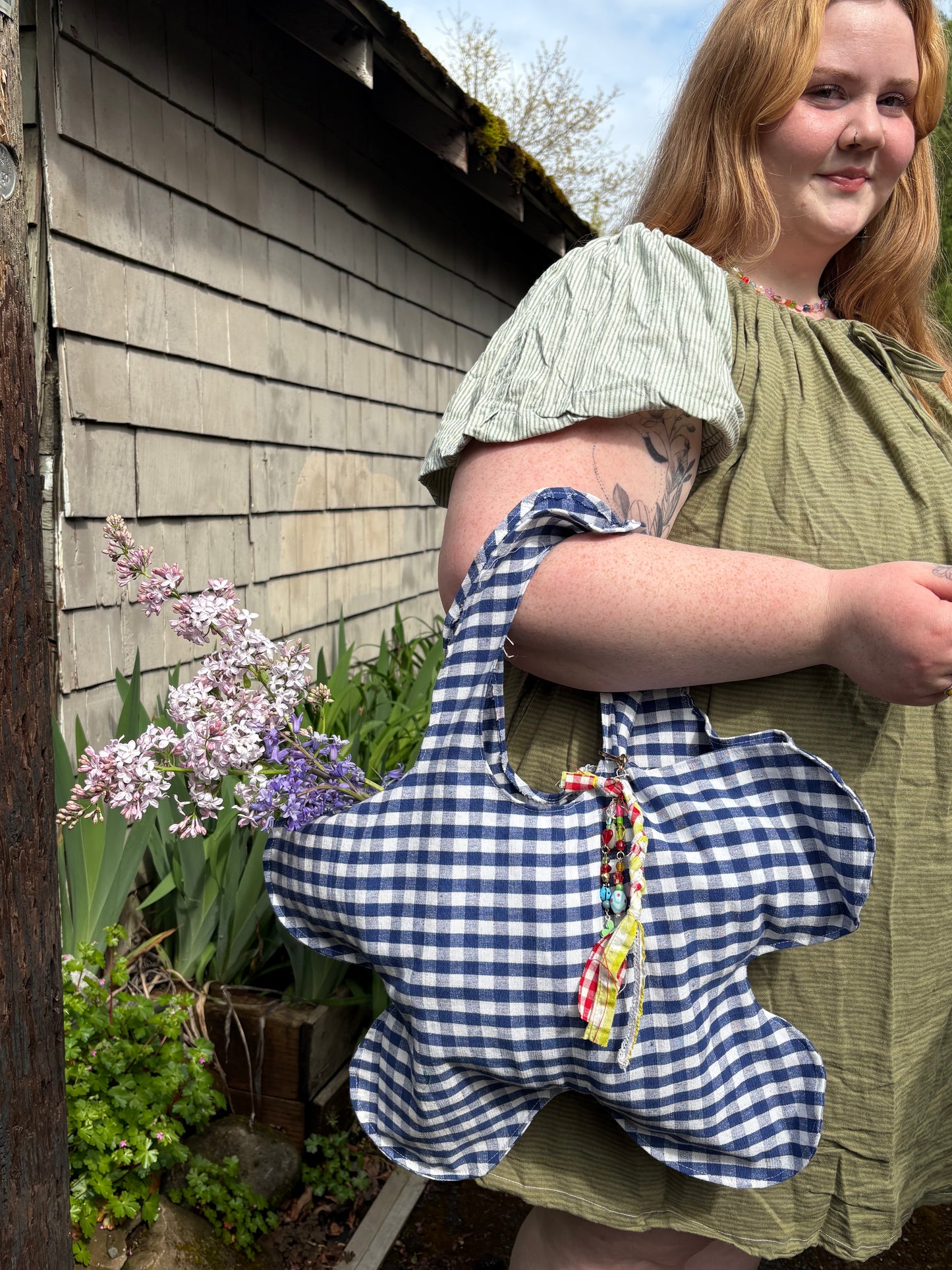 Blue Gingham Flower Tote