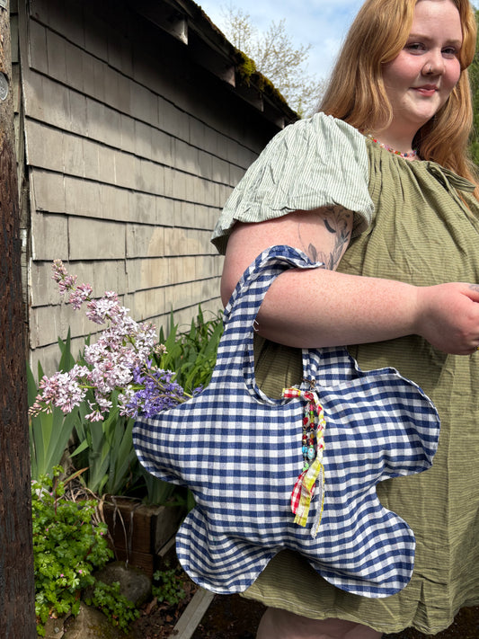 Blue Gingham Flower Tote